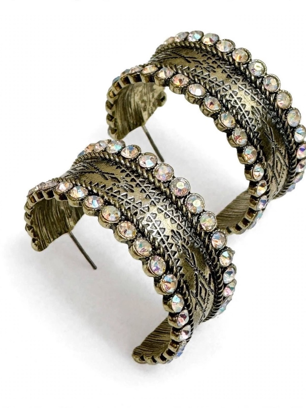 Ladies antique gold tone engraved hoop earrings with AB crystals on sides